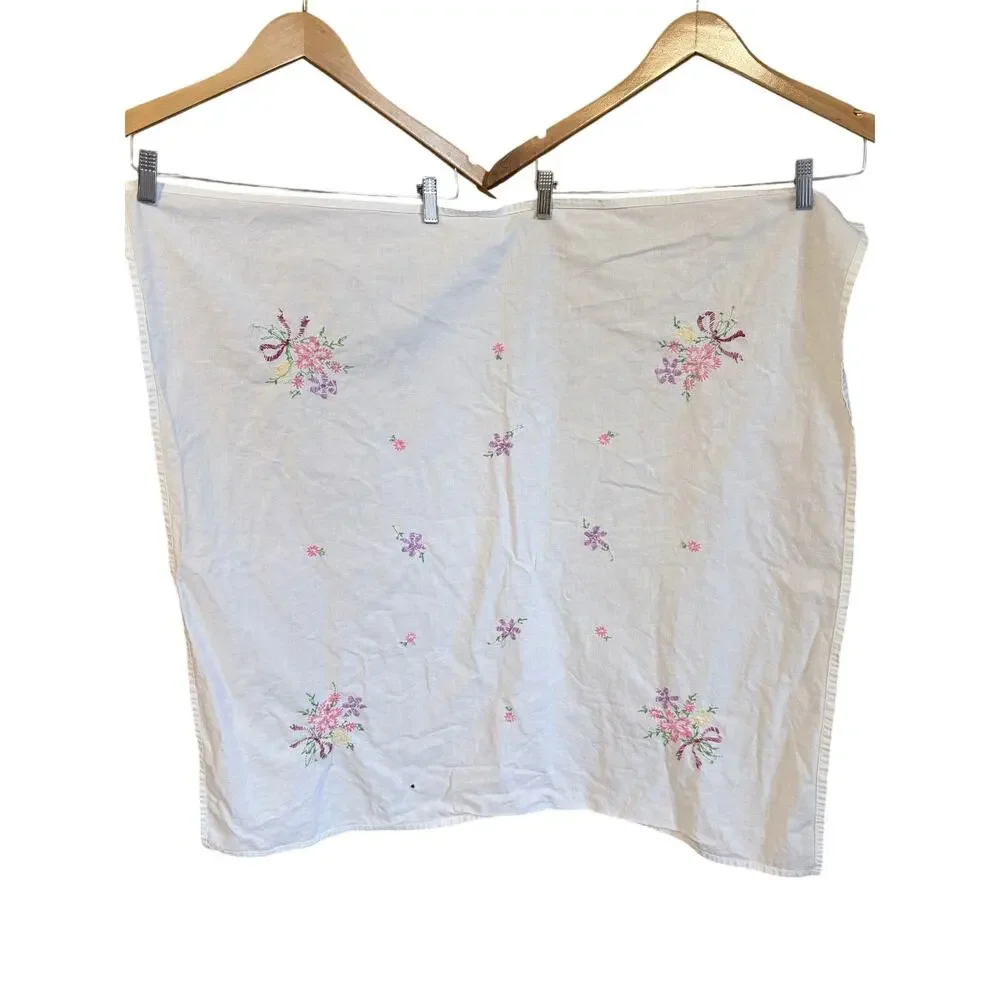 Vintage handmade white embroidered tablecloth floral cottagecore square 30X30